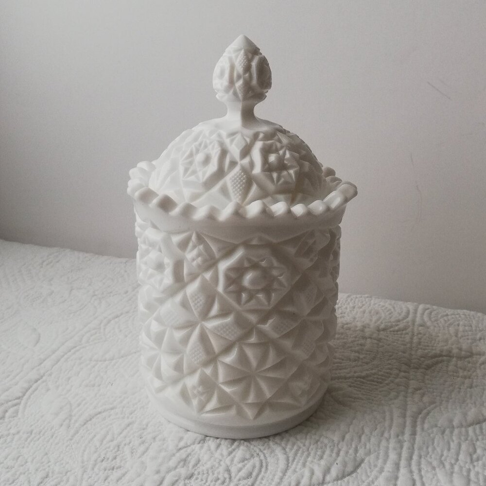 Vintage Milk Glass Lidded Jar – Elegant Diamond Cut Vanity Canister Jar with Lid